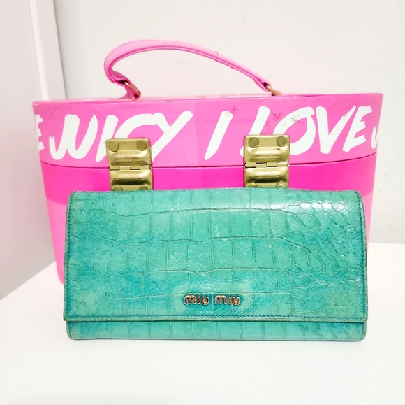 Miu Miu Blue Croc Print Patent Flap Continental Wallet Rtl $365 - Picture 1 of 5